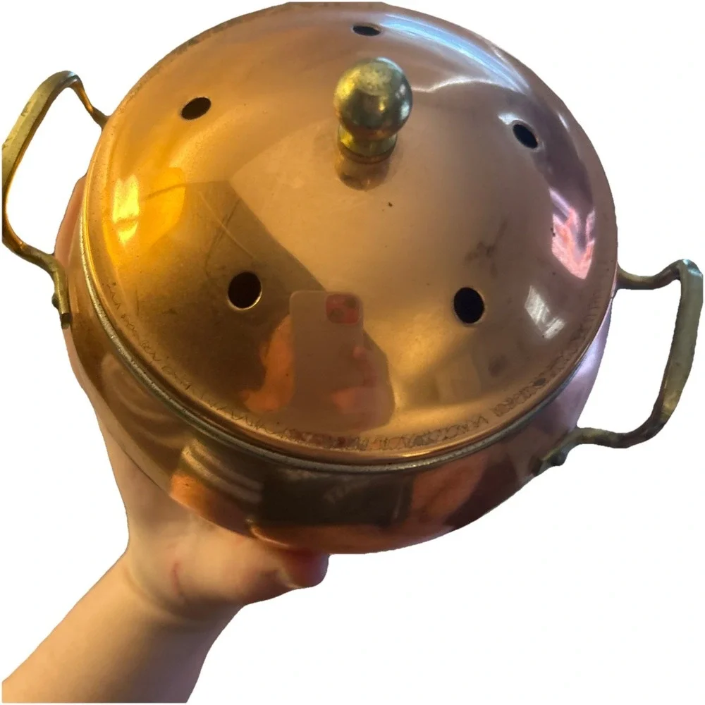Vintage Copper Potpourri Pot w/ Lid Brass Handles Footed Bowl Container Used
